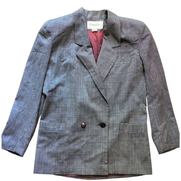 Vintage Christian Dior Blazer Women's 8 Grey Double Breasted Two Button Wool - Picture 1 of 7